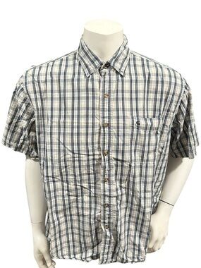 Carhartt Men’s Button Up Shirt Blue White Plaid Logo Short Sleeve XL